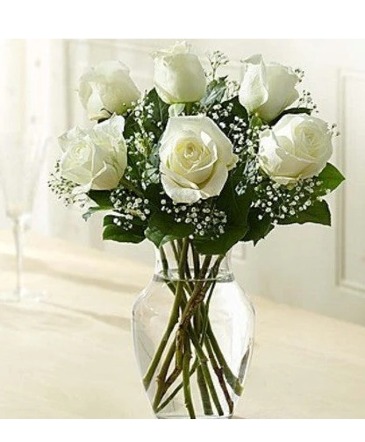 Six White Roses in Vase  in Charlottetown, PE | Hearts and Flowers