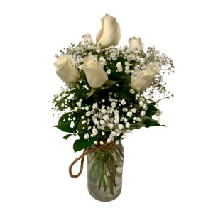 SIX WHITE ROSES IN A ROPE JAR 