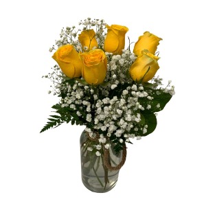 SIX YELLOW ROSES IN A ROPE JAR 