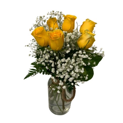 SIX YELLOW ROSES IN A ROPE JAR 
