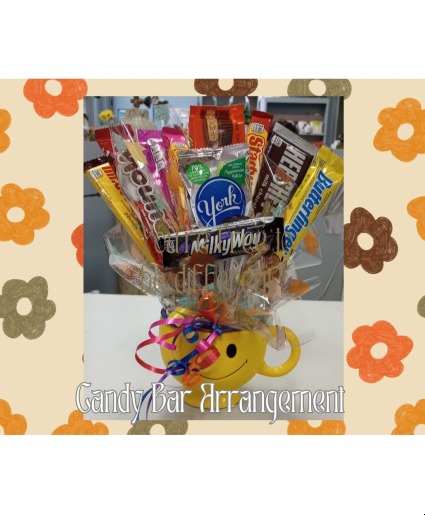 Smiley Mug Candy Bar Arrangement Assorted Candy in a Ceramic Smilely Mug