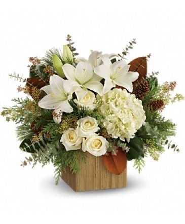 Snowy Woods Rustic White Winter Flower Arrangement in Edmonton, AB | PETALS ON THE TRAIL