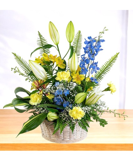 Solace: Yellow, Blue and White Basket Arrangement