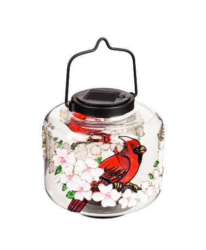 Solar Glass Lantern with Cardinal Dogwood Art 