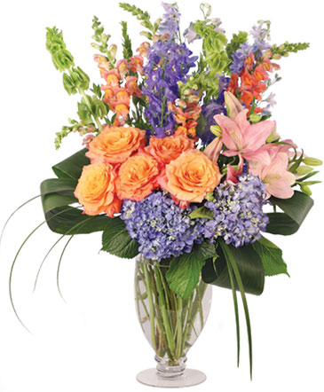 Spirited Delphinium & Hydrangea Flower Arrangement in Darien, CT | DARIEN FLOWERS