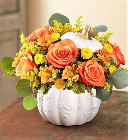 Splendiferous Autumn! Vibrant Blooms in Keepsake Container