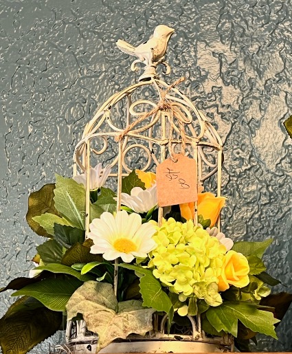 White Metal Birdcage with Flowers Silk Arrangement