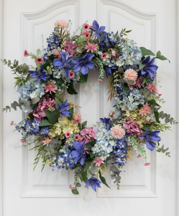 Spring Blues Door Silk Wreath in Medina, NY | CREEKSIDE FLORAL AND DESIGN
