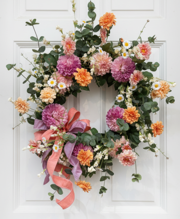 Spring Dahlia Door  Silk Wreath in Medina, NY | CREEKSIDE FLORAL AND DESIGN