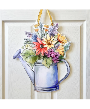 Spring Flowers in Watering Can Door Hanger
