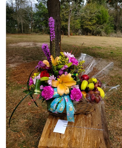 Spring Snack Mix Fruit Basket with fresh arrangement