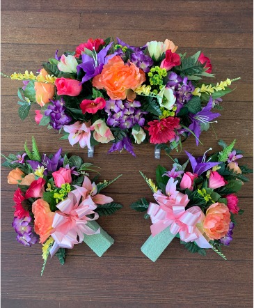 Springtime Cemetery stone top and side vases  in Clinton, IL | Grimsley's Flower Store