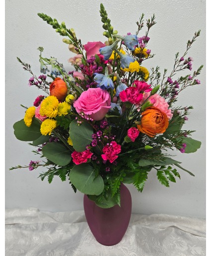Springtime Meadow Bouquet Fresh Floral in Colored Vase