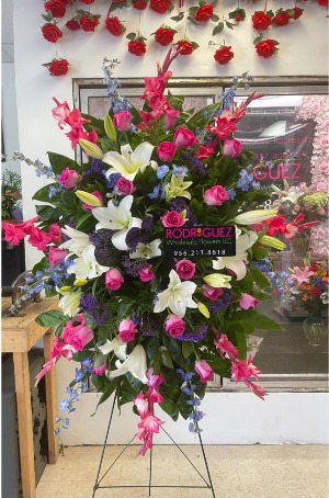 Standing spray: Blue, hot pink, white, purple 