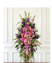 StandiSpray arrangement, purples, pinks, and coral 