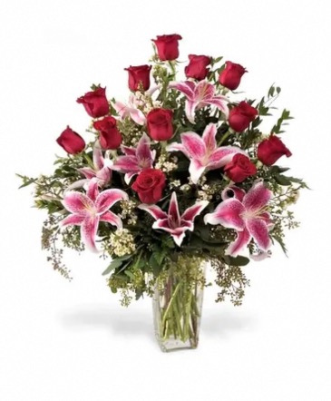 Stargazer and Rose Romance  Vase arrangement  in Glen Burnie, MD | FORGET ME NOT FLOWERS AND GIFTS