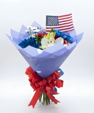 Stars, Stripes & Blooms Bouquet  Red white and blue mixed Florals wrapped 