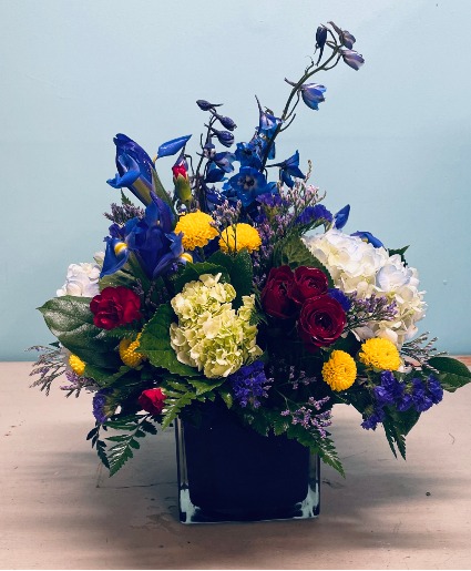 Stuck On You! Fresh Arrangement in a 5" Blue Cube Vase