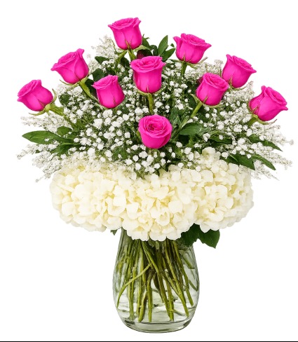 Stunning Hot Pink Dozen Roses Mixed Arrangement