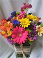 (E) "THIS N THAT" SUMMER FLOWERS IN A   cute ribbon detailed vase....FILLED WITH SEASONAL BRIGHT FLOWERS. 