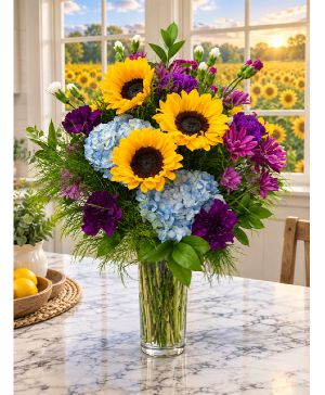 Field of Sunflowers Purple Mix with Blue Hydrangea and Sunflowers