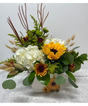 Sunflower Sunrise Bouquet Wood Basket with Sunflowers