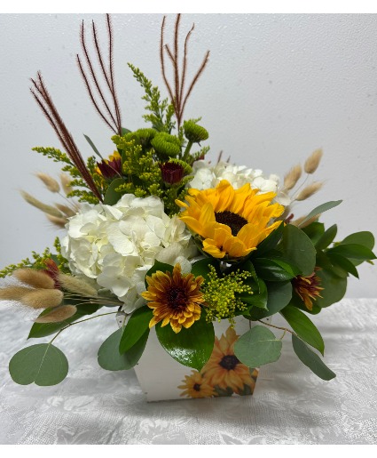Sunflower Sunrise Bouquet Wood Basket with Sunflowers