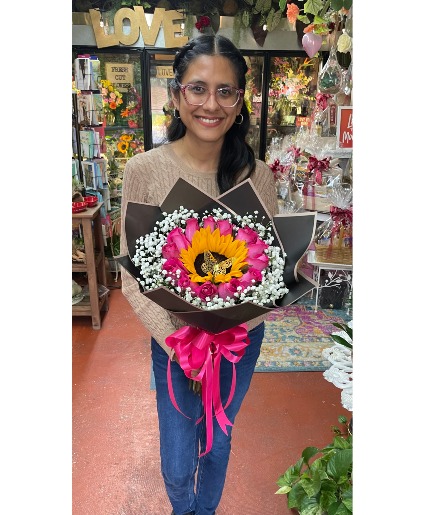 Sunflower with Hot Pink Roses Wrapped