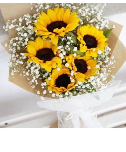 Sunflowers and white filler wrap fresh flowers