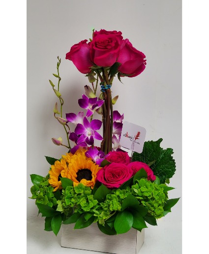 Sunflowers, Orchids and Roses Celebration Happy Birthday