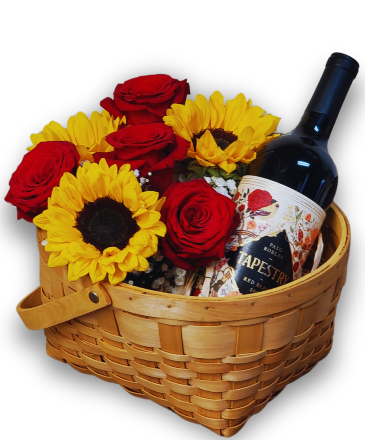 Sunflowers & Roses Wine Basket Arrangement in Flagstaff, AZ | SUTCLIFFE FLORAL & GIFTS