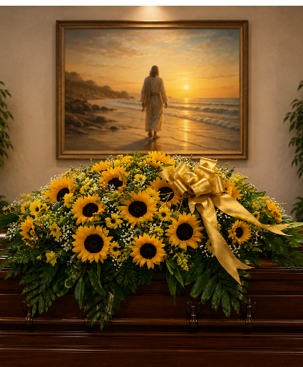 Sunlit Fields of Remembrance Casket Spray Call Us for Faster Service & Daily Specials: (915) 303-8500 Text Us to Order Anytime: (915) 505-3708 Your trusted source for Flowers & Delivery in El Paso TX 