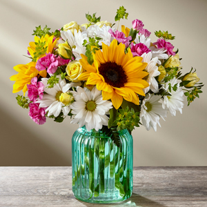Sunlit Meadows Sunflowers in Blue Vase