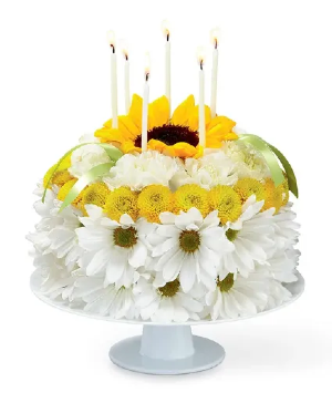 Sunny Birthday Cake fresh arrangement