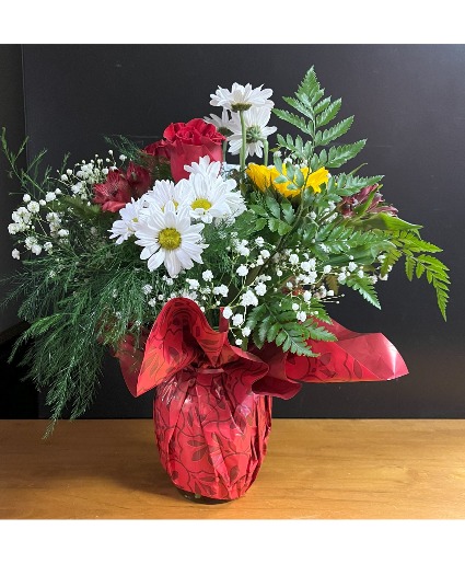 Sunny Love Vase arrangement of sunflowers etc