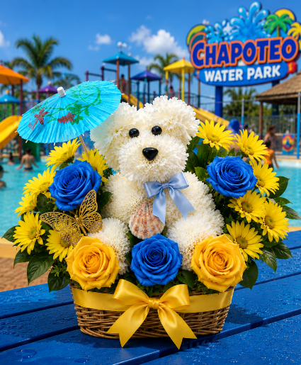 Sunny Shores Pup Basket Call Us for Faster Service & Daily Specials: (915) 303-8500 Text Us to Order Anytime: (915) 505-3708 Your trusted source for Flowers & Delivery in El Paso TX 