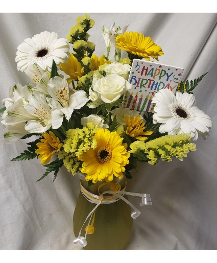 SUNNY SUMMER FLORALS...ALL YELLOW AND WHITE. (E) FLOWERS WITH HAPPY BIRTHDAY PICK! FLOWERS MAY VARY DEPENDING ON STOCK