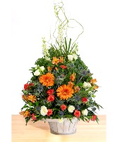 Golden: Orange, Blue and White Basket Arrangement