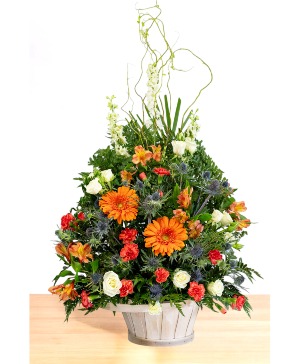 Golden: Orange, Blue and White Basket Arrangement