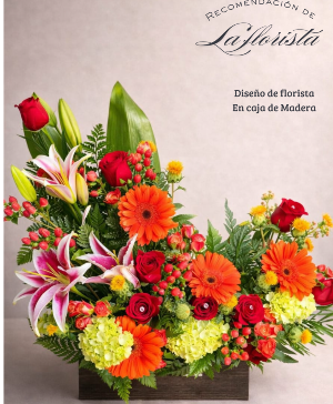 Sunset Paradise Mix Tropical flowers in a wood box 