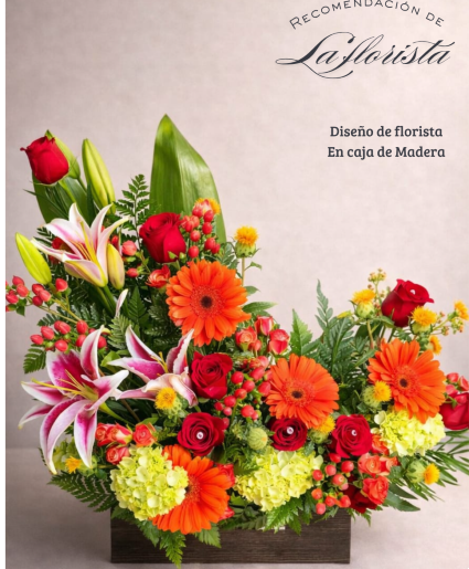 Sunset Paradise Mix Tropical flowers in a wood box 