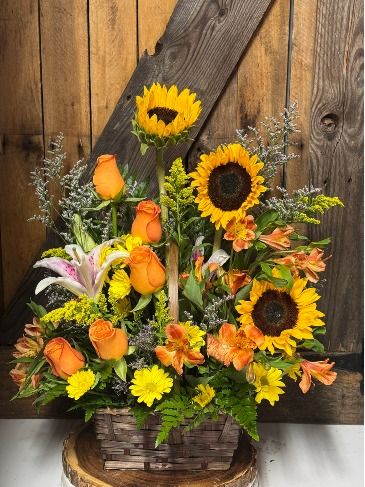 Sunshine Harvest Basket Flower Arrangement in Moncks Corner, SC | Mama and Me Flowershack