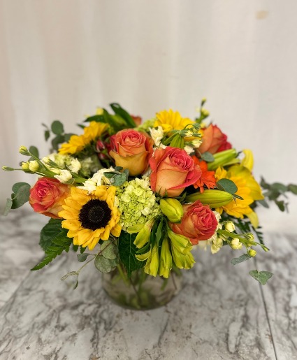 Sunshine Smiles Orange, Yellow, Greens   Compact vase