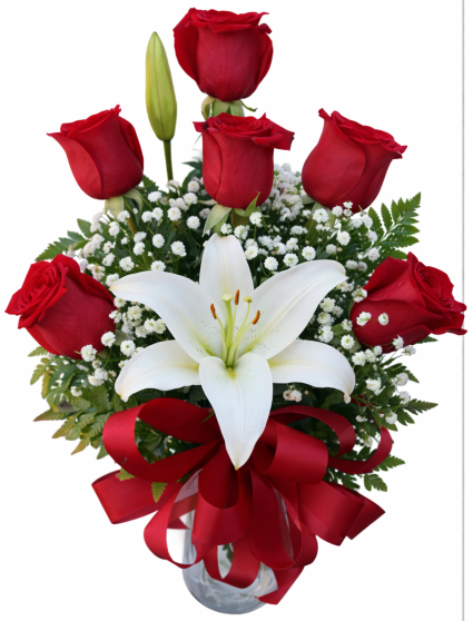 Sweet Devotion Half Dozen Roses  With White Oriental Lily Arrangement