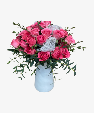 Sweet Heart Roses Lace & Pearls Vase Arrangement