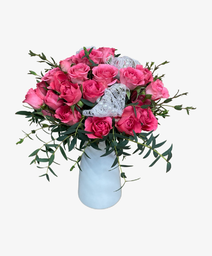 Sweet Heart Roses Lace & Pearls Vase Arrangement