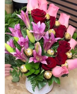 Sweet Love Roses and lilies with chocolates