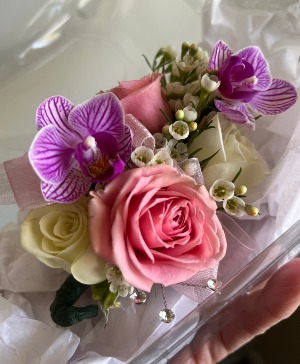 Sweet Pinks and Purples Roses & Orchids Wrist Corsage
