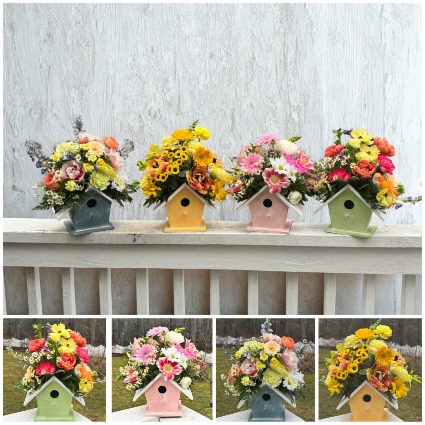 Sweet Songbird Birdhouse Floral Arrangement