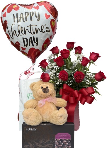 'Beary' in Love Valentine Bundle Dozen Rose Vase in Seguin, TX | DIETZ FLOWER SHOP & TUXEDO RENTAL